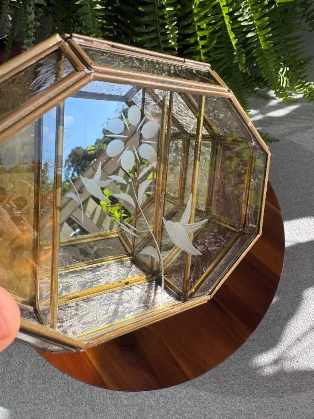 Vintage Etched Glass & Brass Jewellery Box – Hummingbird & Floral Design